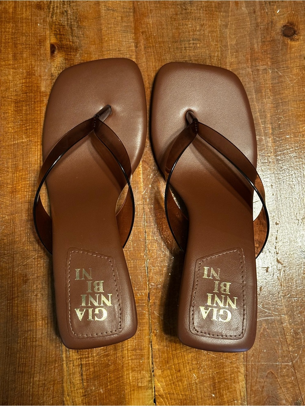 Gianni Bini Brown Square-Toe Thong Heels